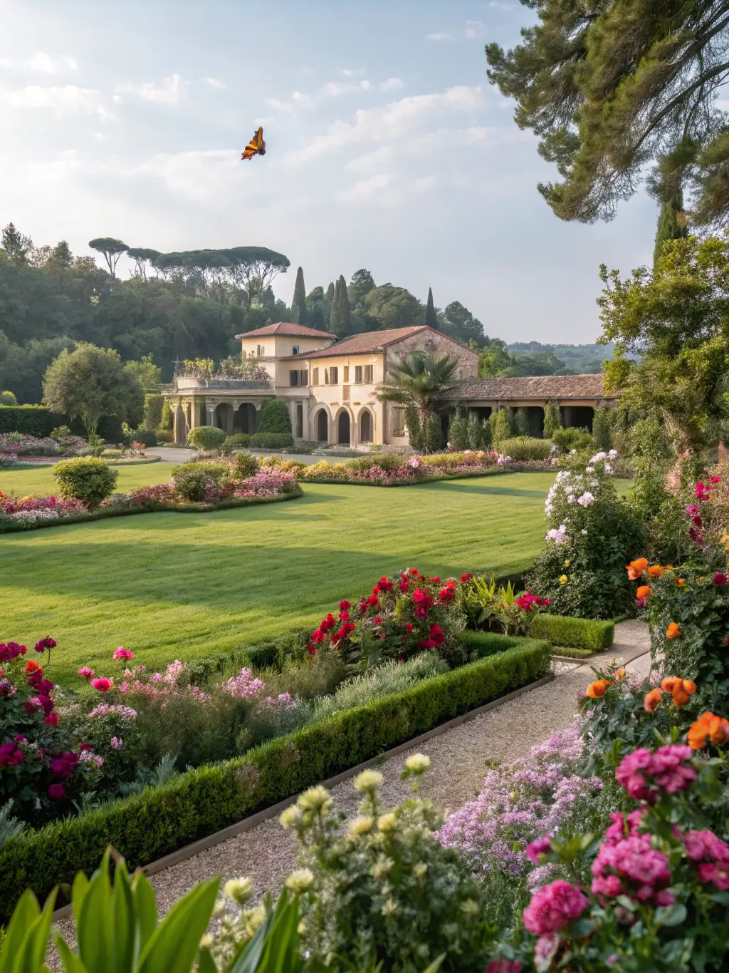A vibrant photograph showcasing the restored landscape of the Serre de la Madone garden, highlighting its lush greenery and meticulously maintained pathways, reflecting ASJEM's dedication to garden restoration.