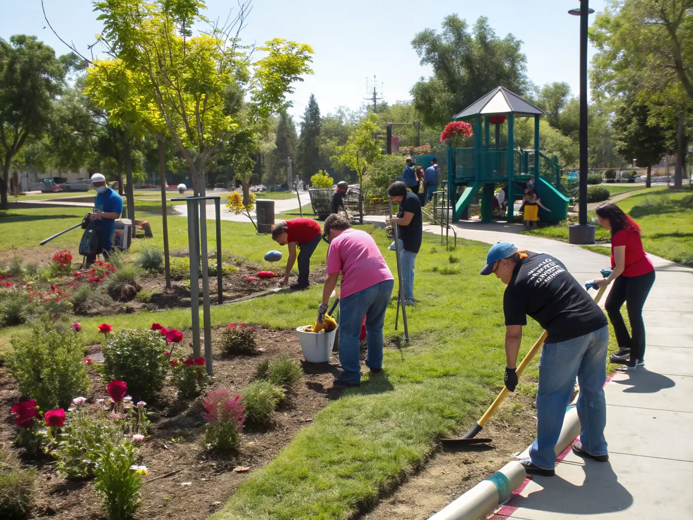 A photograph showcasing ASJEM volunteers working diligently in a garden, restoring a historic fountain surrounded by lush greenery and vibrant flowers, illustrating the hands-on preservation efforts.
