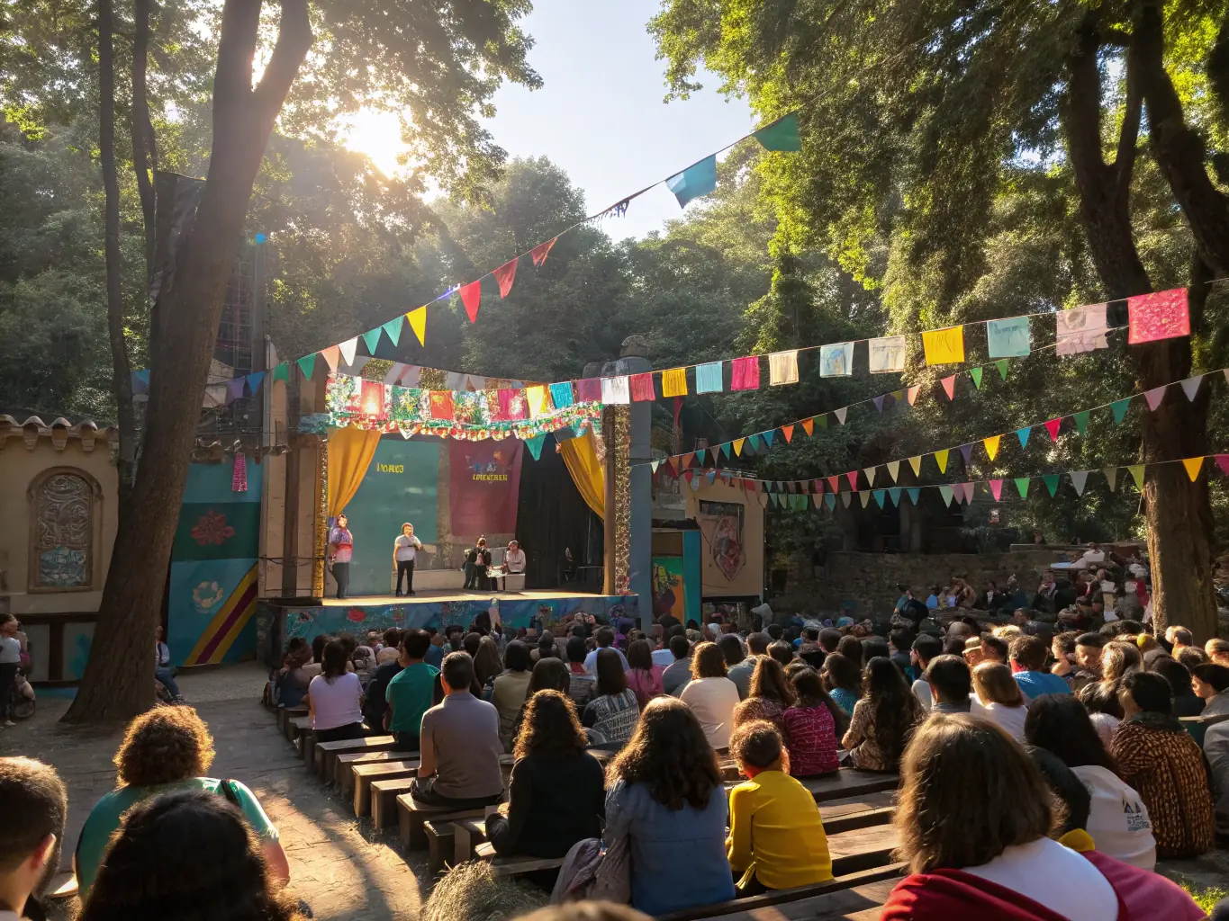 A vibrant cultural event in a garden, featuring live music, art displays, and attendees enjoying the atmosphere amidst blooming flowers.