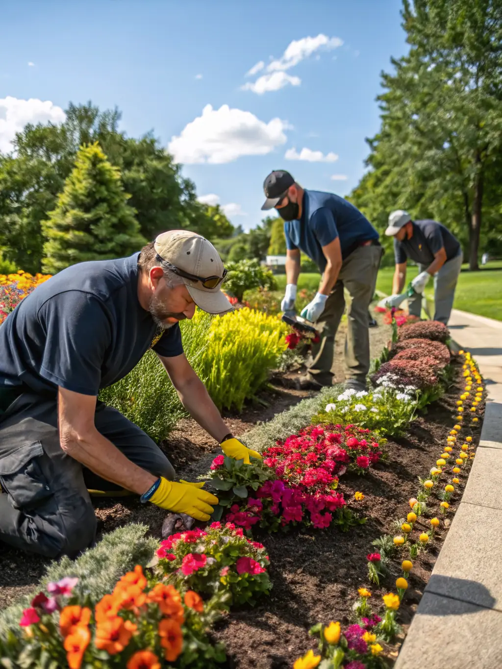 A group of volunteers participating in a garden cleanup activity, removing invasive species and tending to native plants, illustrating ASJEM's commitment to community involvement in garden preservation.