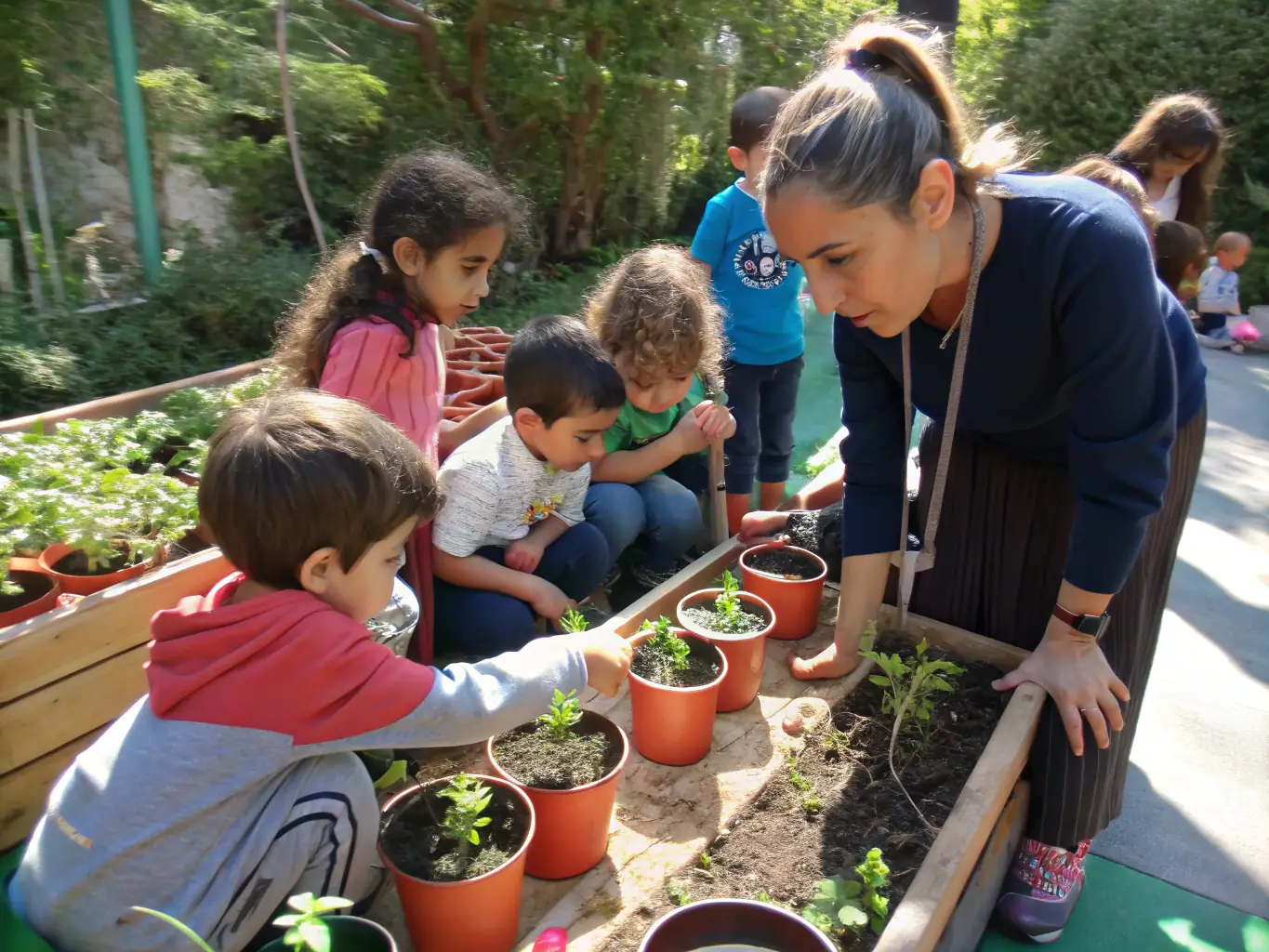A group of students participating in a hands-on workshop about native plants, led by an ASJEM educator in a garden setting.