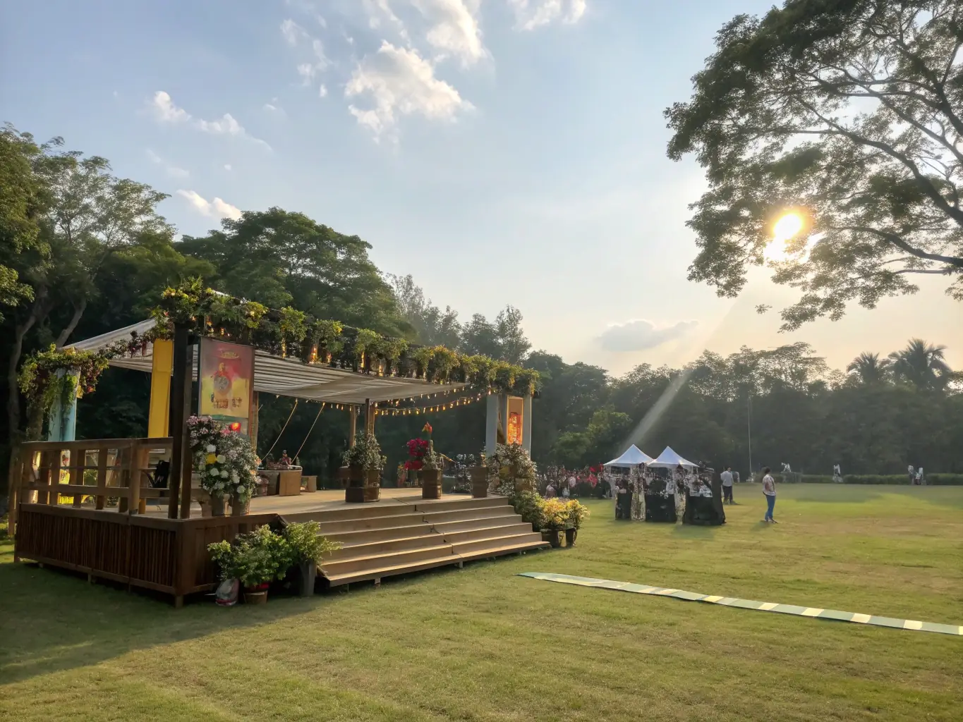 A photograph capturing a vibrant cultural event hosted by ASJEM in a beautifully maintained garden, featuring live music, art displays, and attendees enjoying the scenic surroundings.